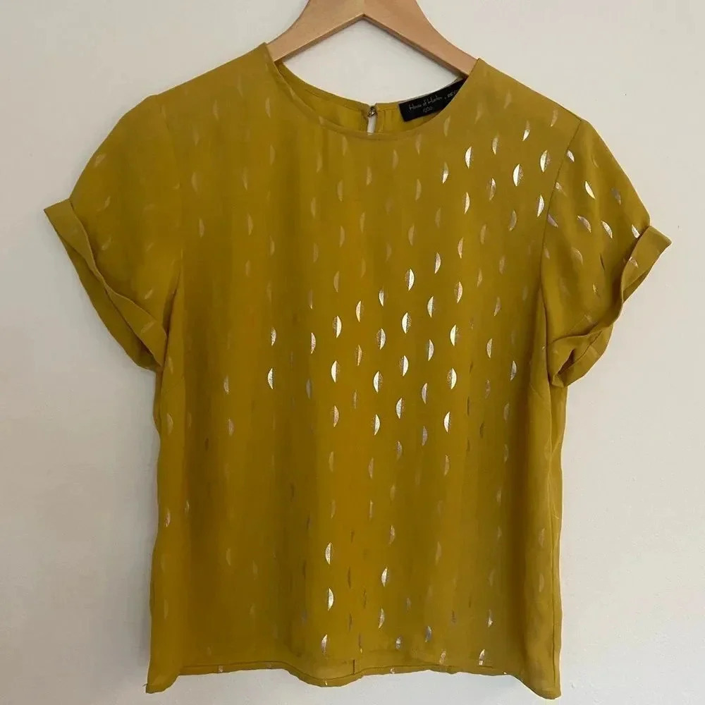 House of Harlow 1960 x Revolve collab yellow blouse with fading moon print sz xs